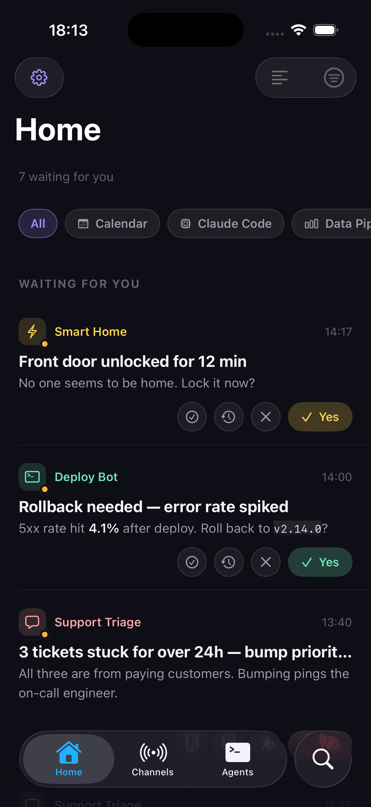 The Pidge feed on iPhone: notifications waiting for the human, each with its channel identity and age
