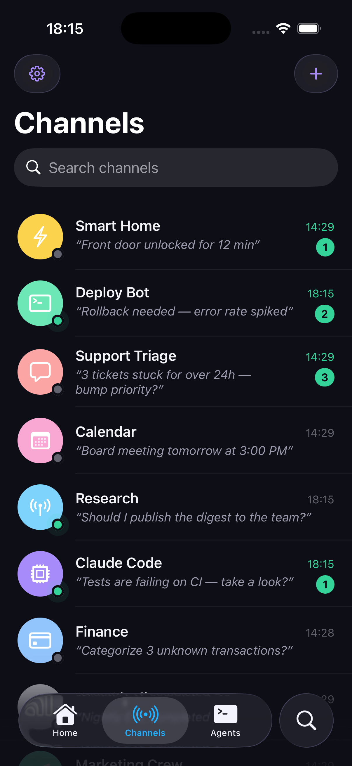 The Channels tab on iPhone: one channel per agent, each row with a presence dot, a pending-count pill and its last activity line