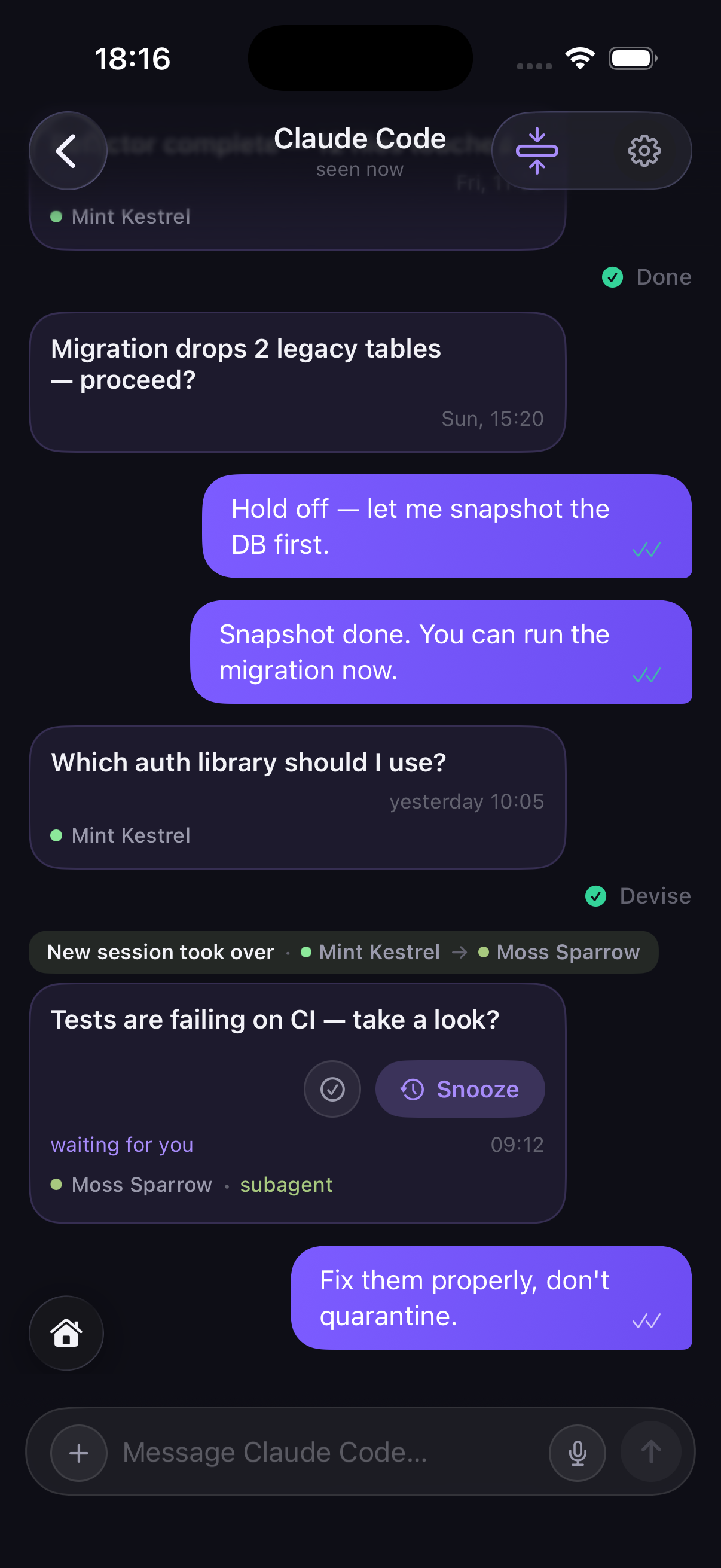 A Pidge channel conversation on iPhone: the agent's notifications and the human's replies in one thread, with delivery checkmarks on each message and a live 'listening now' indicator under the channel name