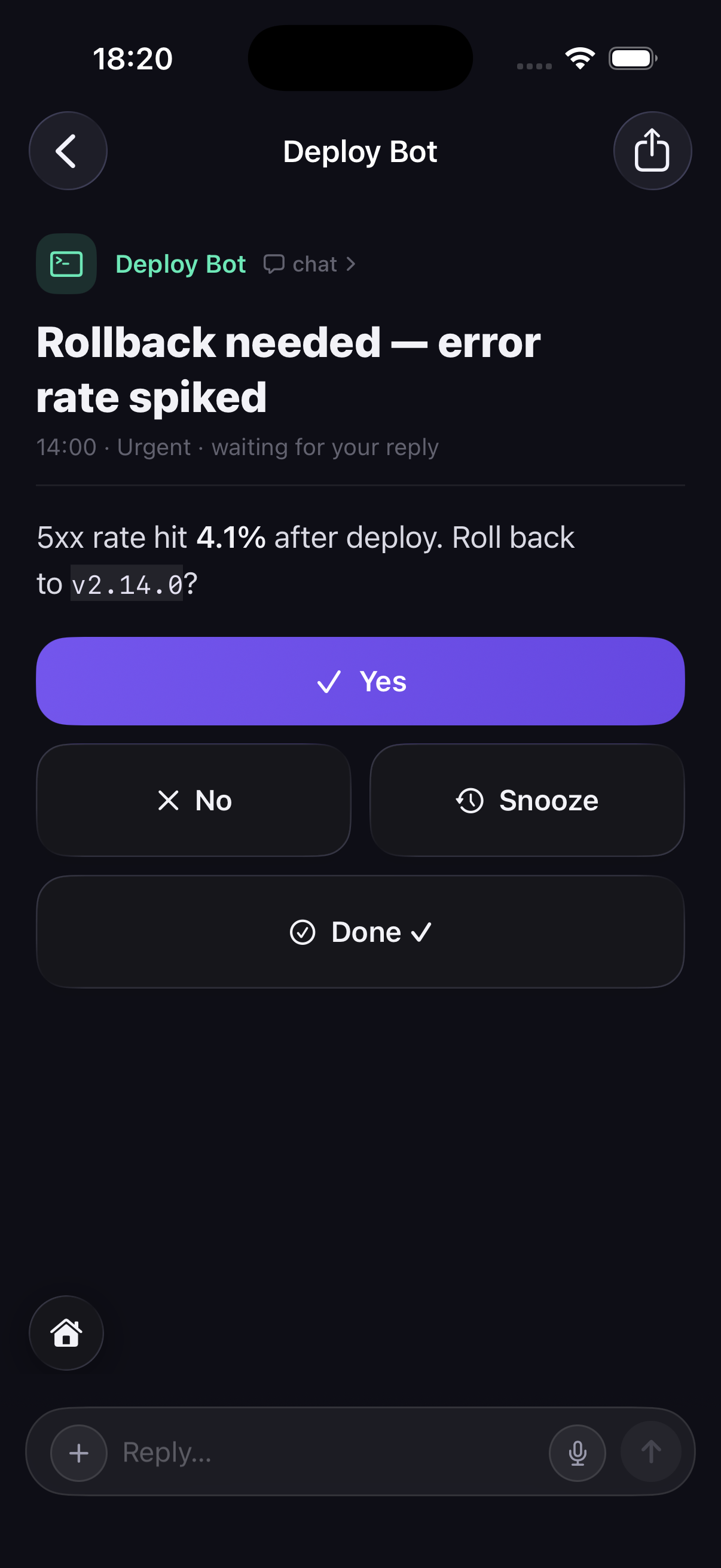 A waiting decision on the detail screen, with real action buttons the human taps to answer the agent