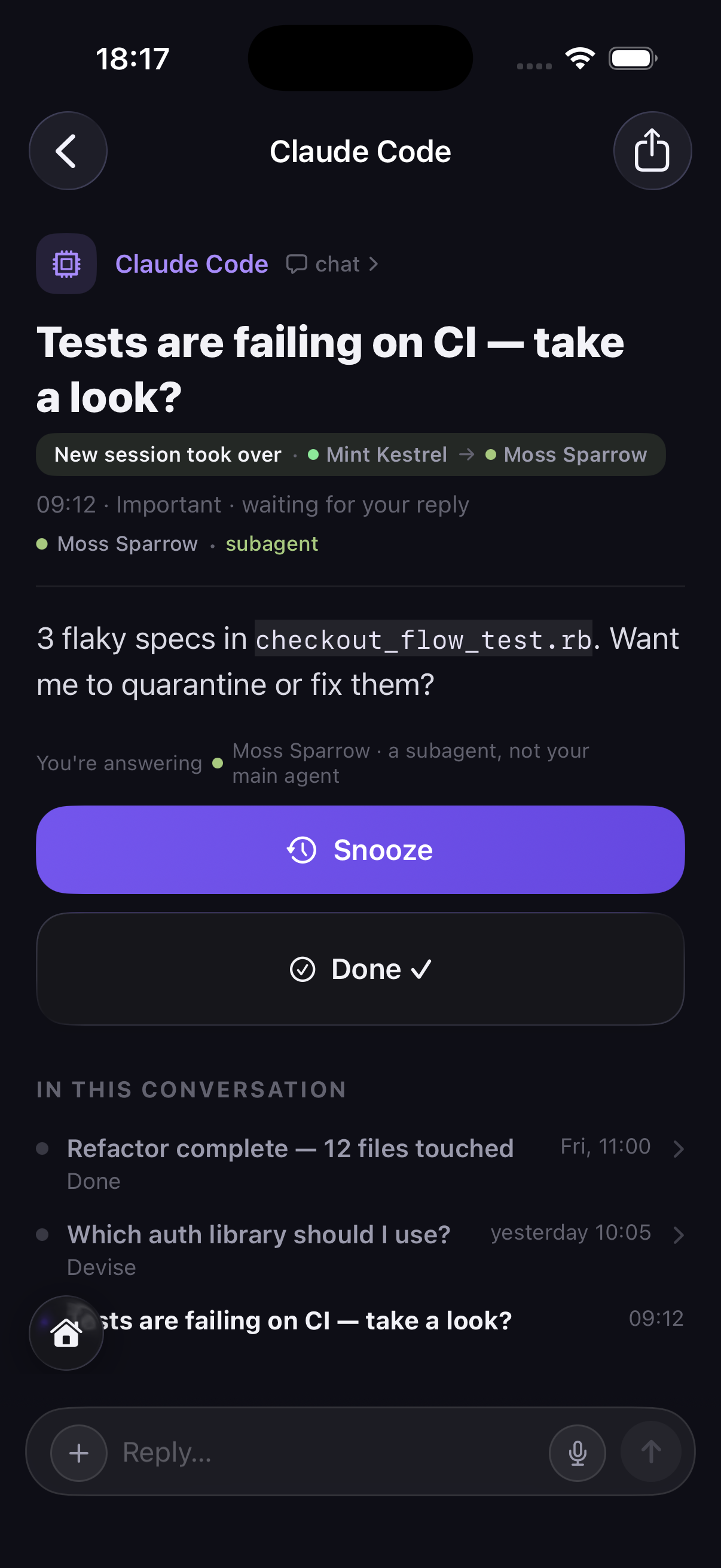 A visible handoff marker in a Pidge conversation: 'New session took over', naming the outgoing and incoming session personas